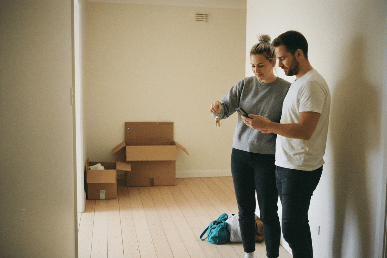 Two flatmates handing over keys in an emptied rental hallway