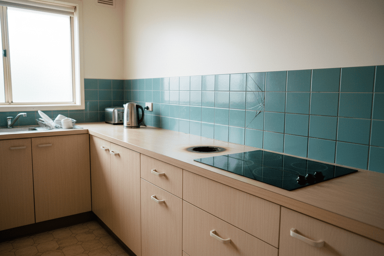 Kitchen at move-out with a burn mark and a cracked tile