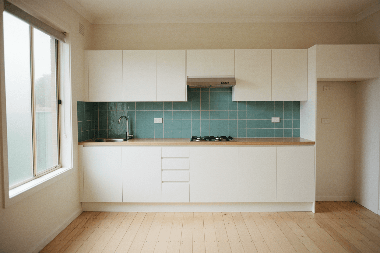 Kitchen at move-in, clean benchtop and intact teal tiles