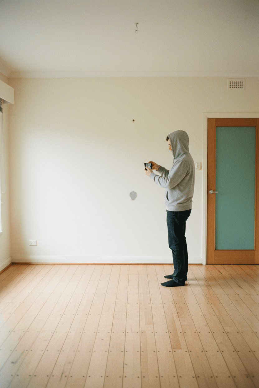 A renter photographing a wall scuff during the move-in walkthrough