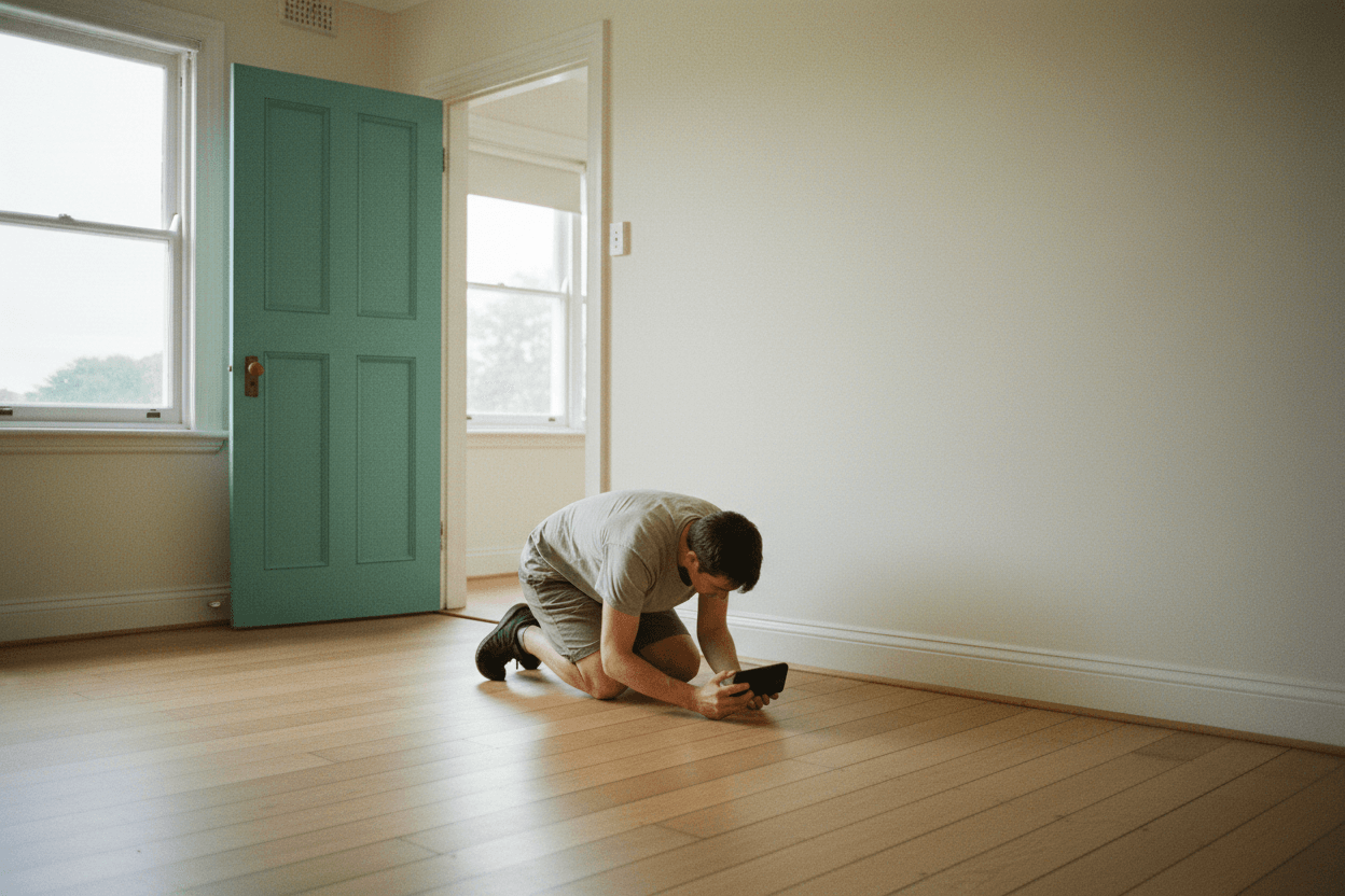 A renter kneeling to photograph a skirting board on move-out day