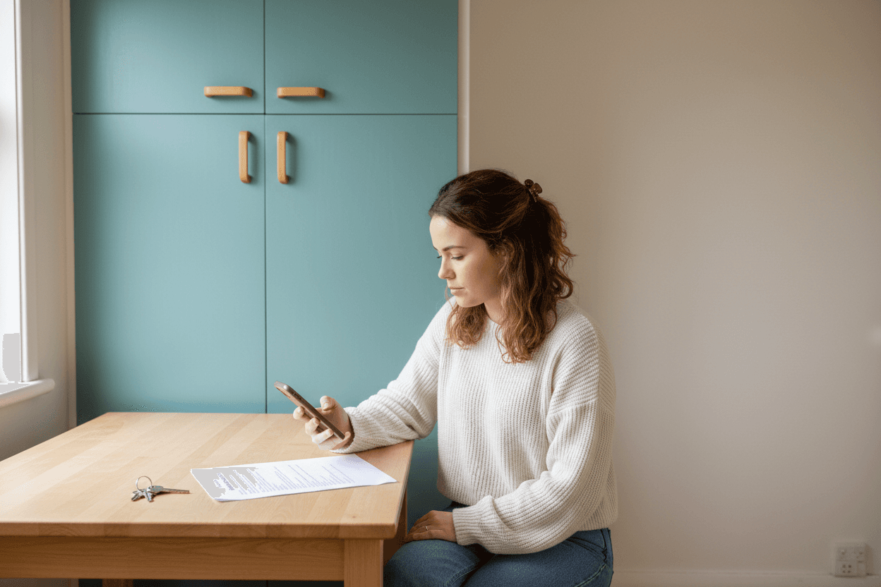 A renter at a kitchen table with a printed lease and new keys